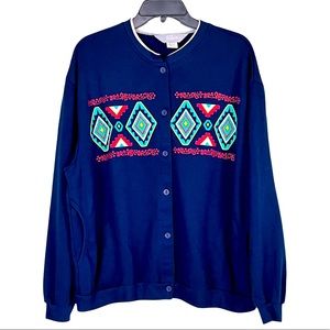 Vintage Blair Southwestern Design Button Up Navy Blue Jacket Size XL